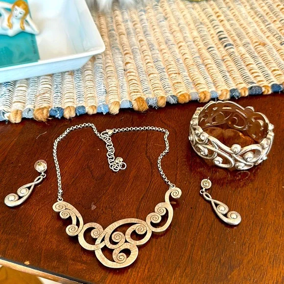Brighton STERLING LACE Silver Crystal Statement Necklace Bracelet Earrings RARE
